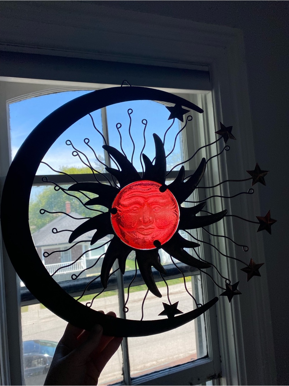 Red Sun Mixed Media Wall Hanging with Crescent Moon - Unbranded